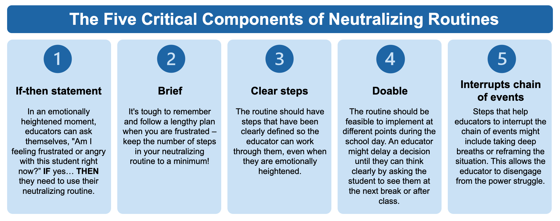 Graphic showing the The Five Critical Components of Neutralizing Routines. 1) If-then statement: In an emotionally heightened moment, educators can ask themselves, 