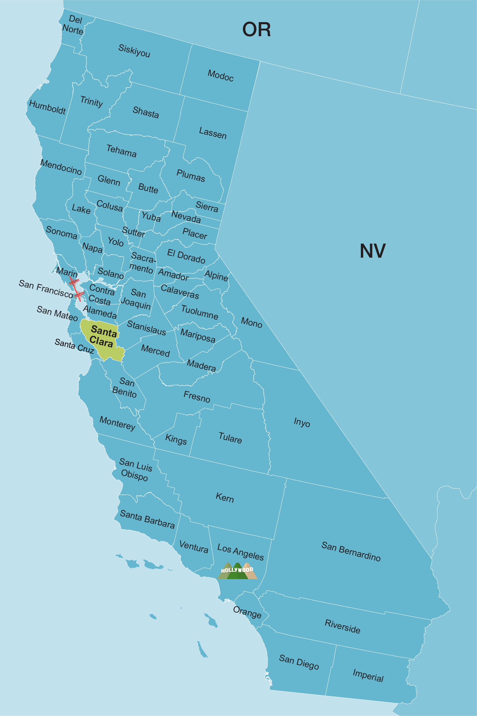 Map of California with Santa Clara County highlighted