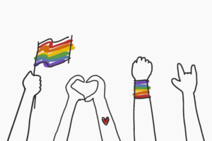 Hand drawn illustration of hands with the Gay Pride flag