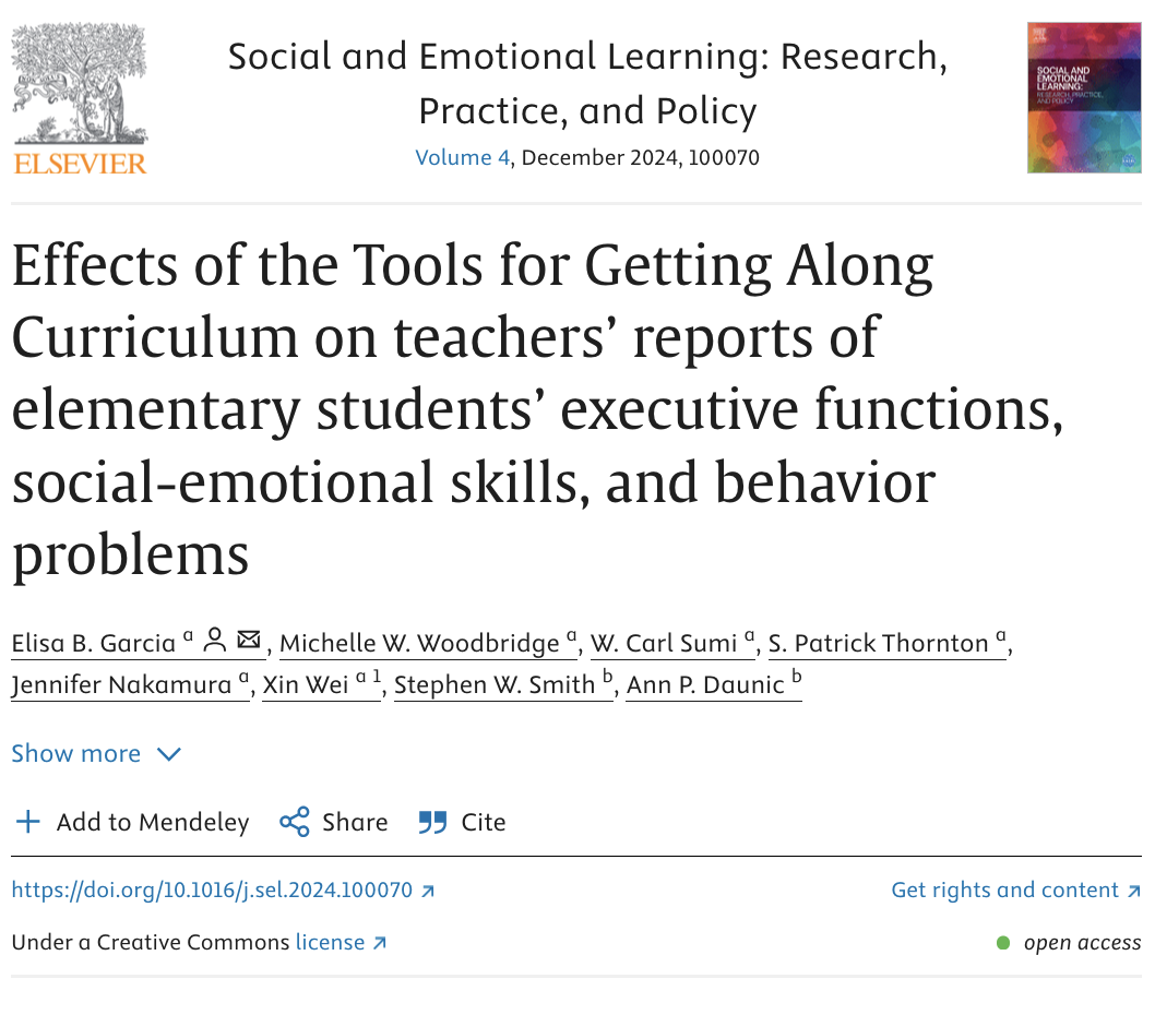 Screenshot of the cover of Effects of the Tools for Getting Along Curriculum on teachers’ reports of elementary students’ executive functions, social-emotional skills, and behavior problems article